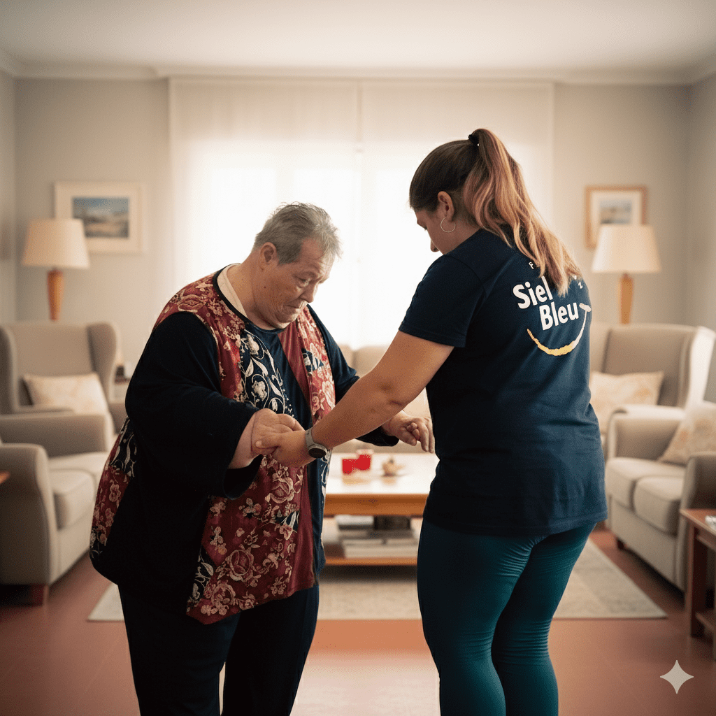 Técnica de Siel Bleu asistiendo a una mujer mayor durante un ejercicio de equilibrio en formación práctica de prevención de caídas