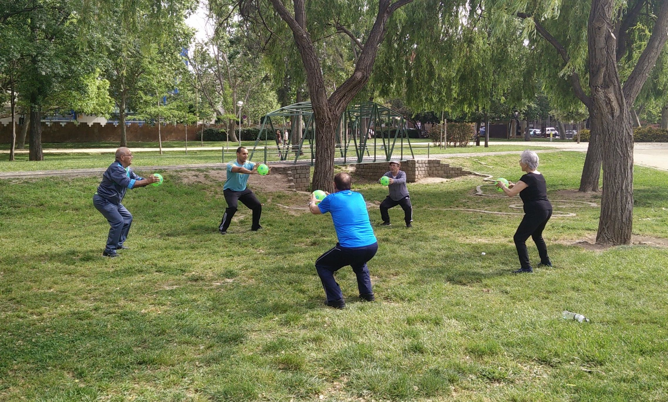 Grupo de personas mayores con un entrenador de Siel Bleu haciendo una sesión de ejercicio al aire libre